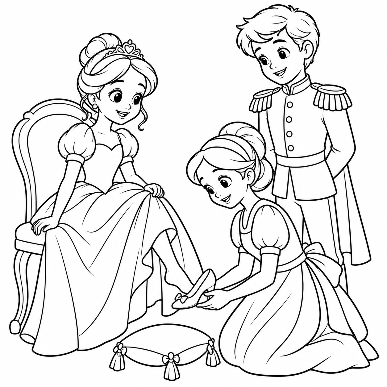 Trying On the Slipper coloring page with an attendant fitting a slipper onto the girl's foot as the prince watches